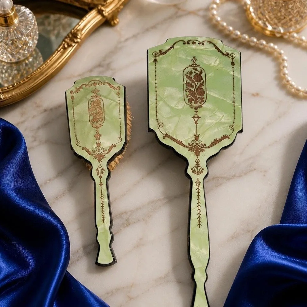 Art Nouveau Celluloid Brush and Mirror